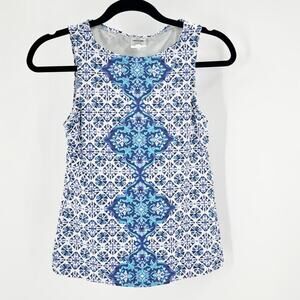 Lands' End Blue White Tankini Batik Soft Cup Medallion Print Modest swim size 2